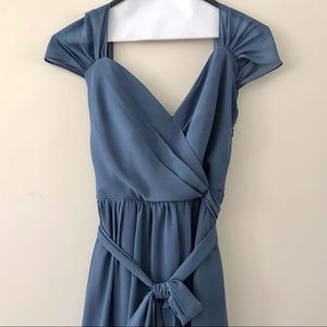Revelry Emma Chiffon Faux Wrap Bridesmaid Dress in Dusty Blue Size 8.